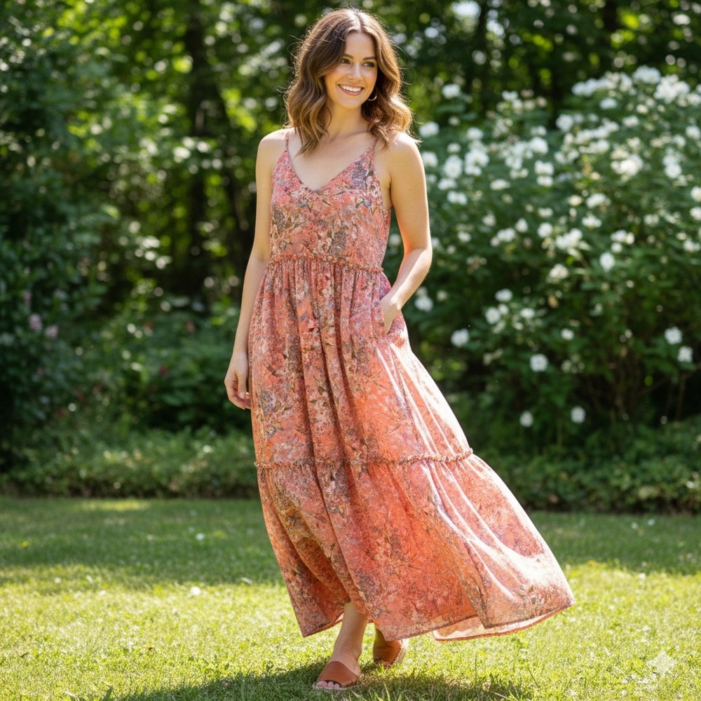 Maronie Floral Tiered Maxi Dress Size M Coral Cottagecore Summer Spring Boho